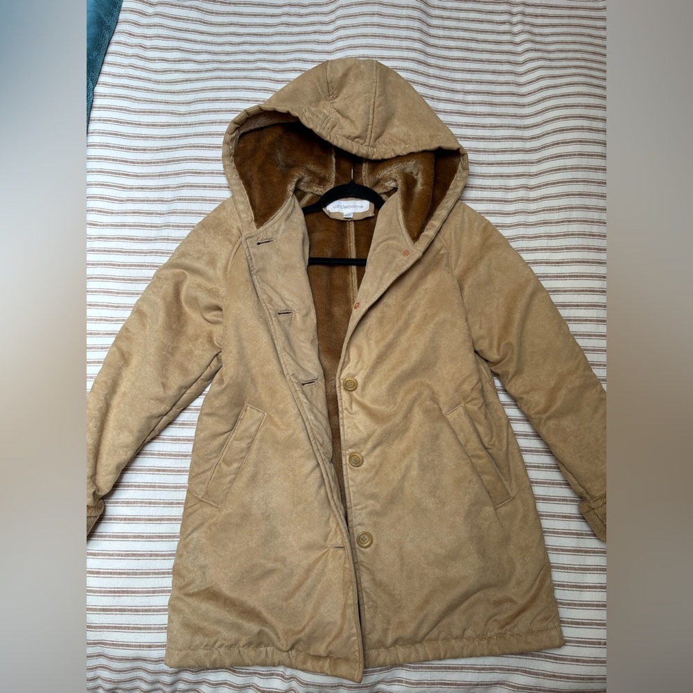 Liz Claiborne Tan Hooded Faux-Suede Puffer Coat